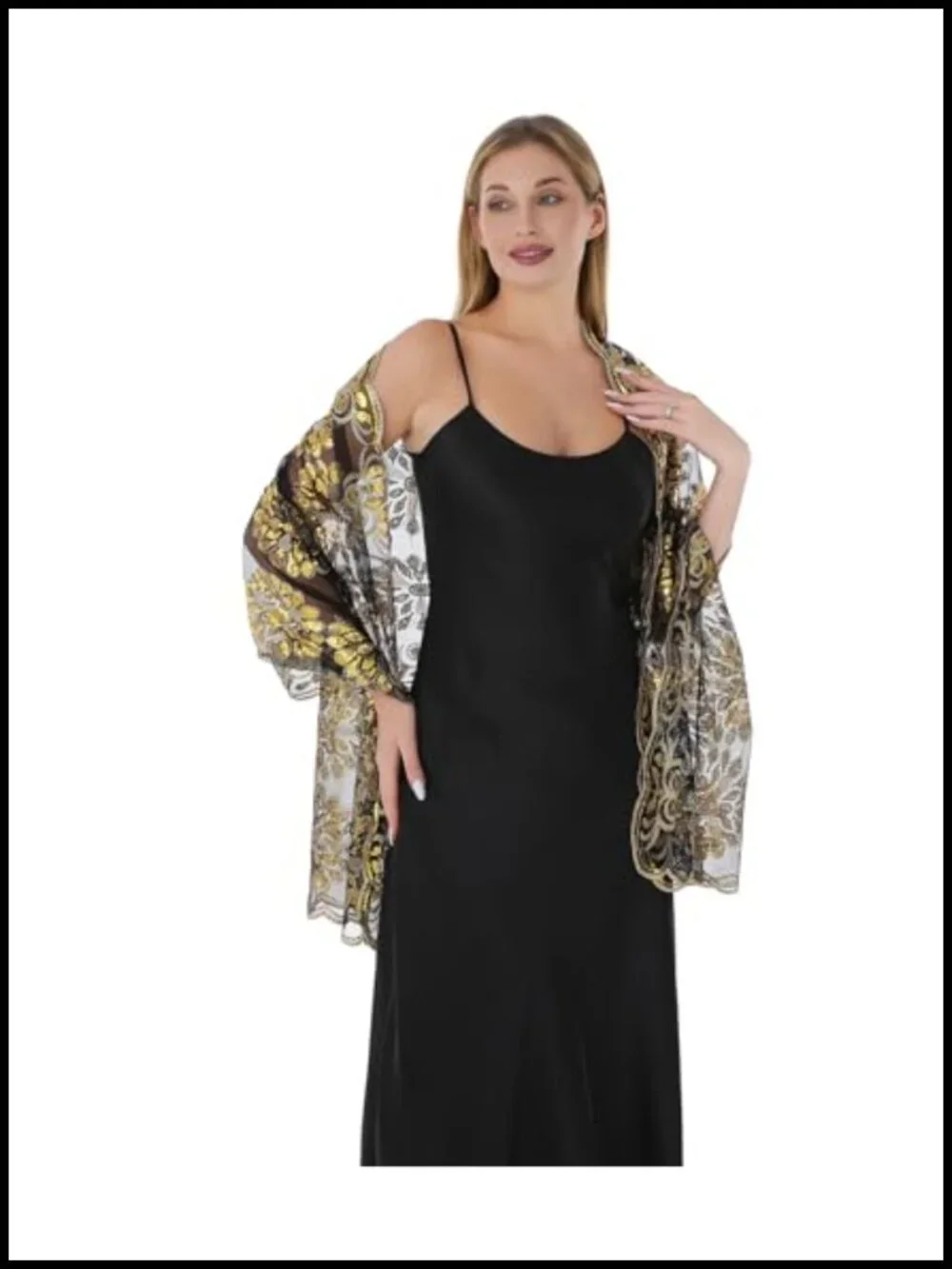 Sequin Floral Lace Sheer Chiffon Wrap Shawl for Evening Dress Wedding Party